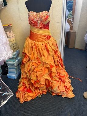 Strapless Orange and Yellow Ruffle Ball Gown Dress